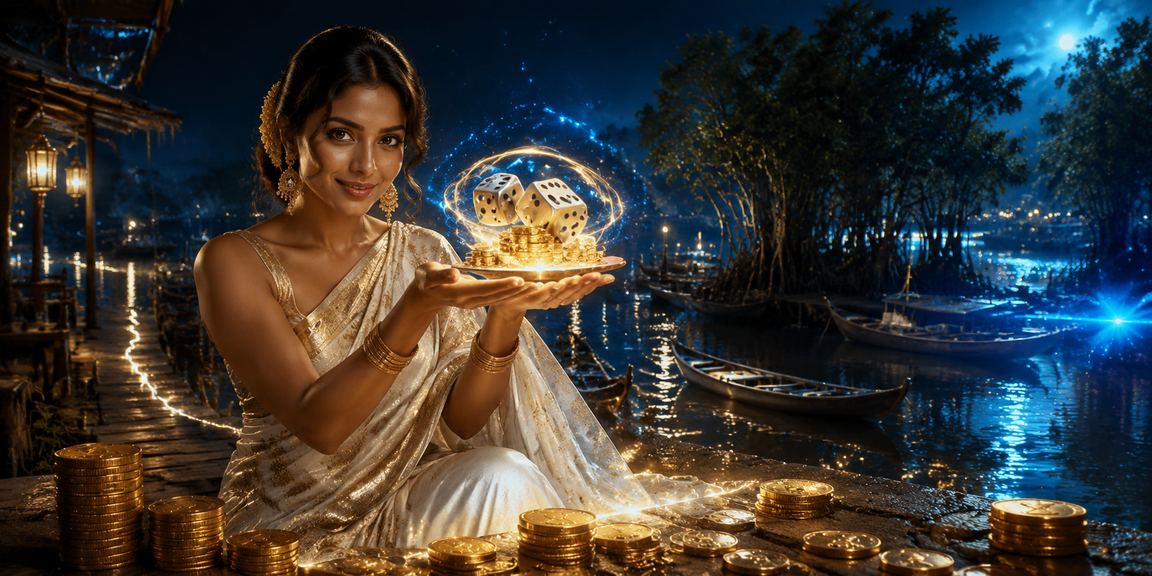 A woman in a saree in Khulna enjoying a dice game on her mobile